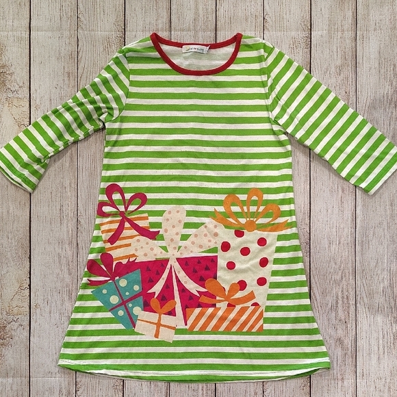 Source Unknown Other - Green Striped Dress with Gift Print